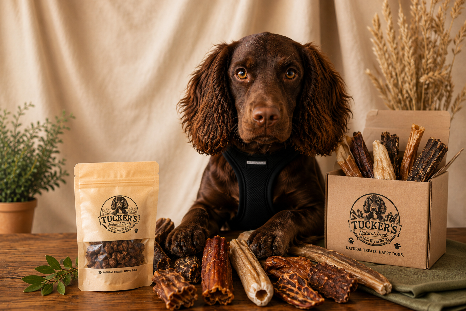 A happy golden retriever sitting beside a bowl of natural dog treats